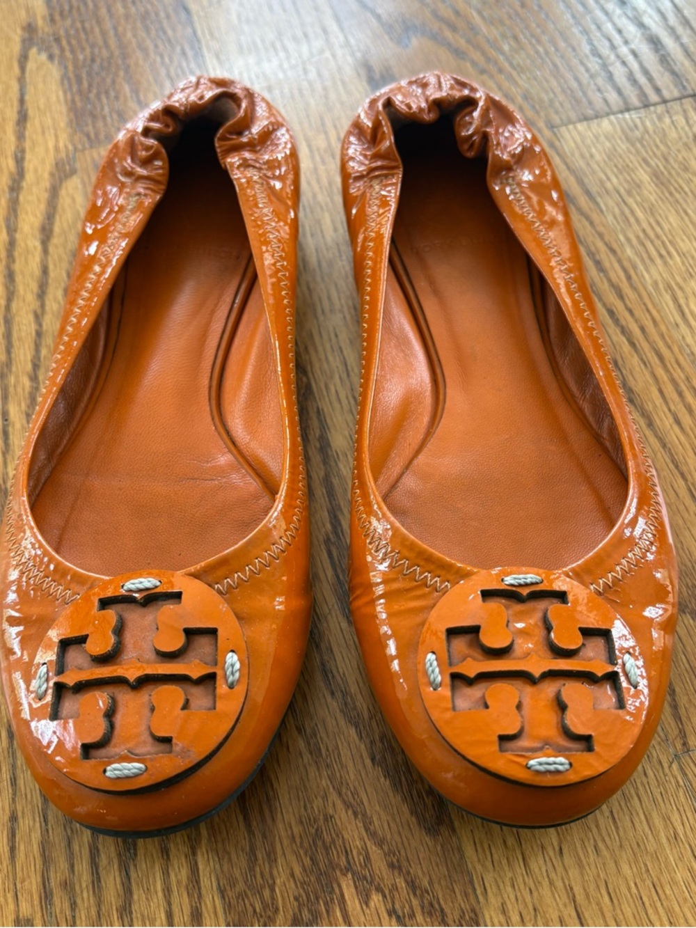 Tory Burch Burnt Orange Patent Logo Ballet Flats